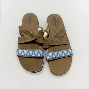 Columbia Women’s Leather Beaded Slide SlipOn Sandals Brown Blue Geometric Sz 10